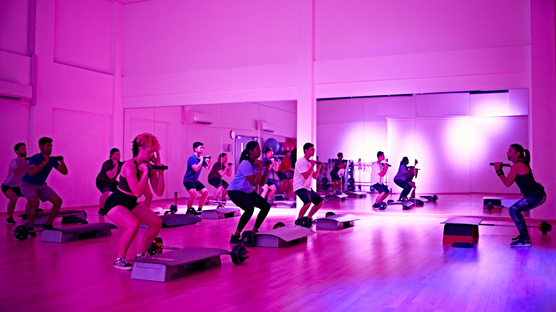 Les Mills Body Pump class in session in Studio 2